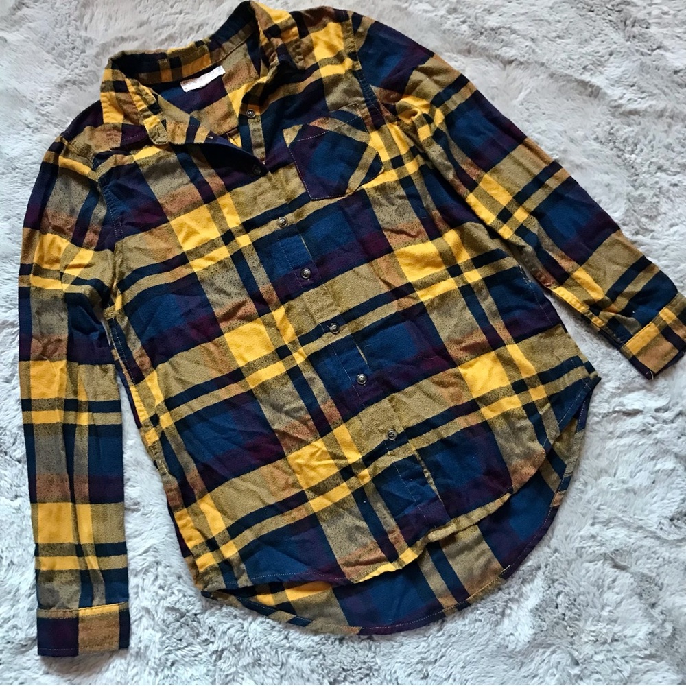Preppy Plaid button down by Pink Rose medium blue purple mustard yellow